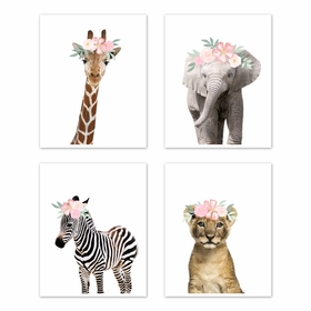 Safari Jungle Animal Wall Art Prints - Set of 4 - Watercolor Rose Flower