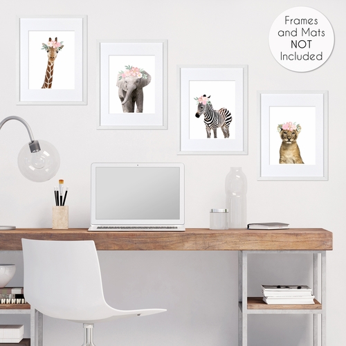 Safari Jungle Animal Wall Art Prints - Set of 4 - Watercolor Rose Flower - alt image 3