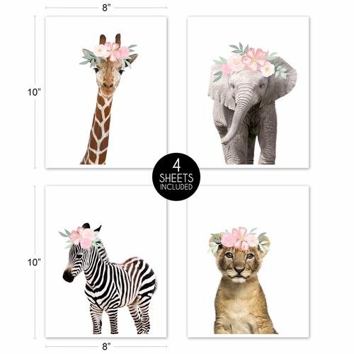 Safari Jungle Animal Wall Art Prints - Set of 4 - Watercolor Rose Flower - alt image 4