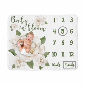 Sage Green and Ivory Watercolor Magnolia Collection Monthly Milestone Baby Blanket