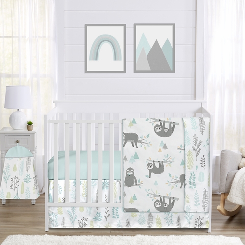 Sloth Aqua and Grey Collection 4 Piece Bumperless Crib Bedding