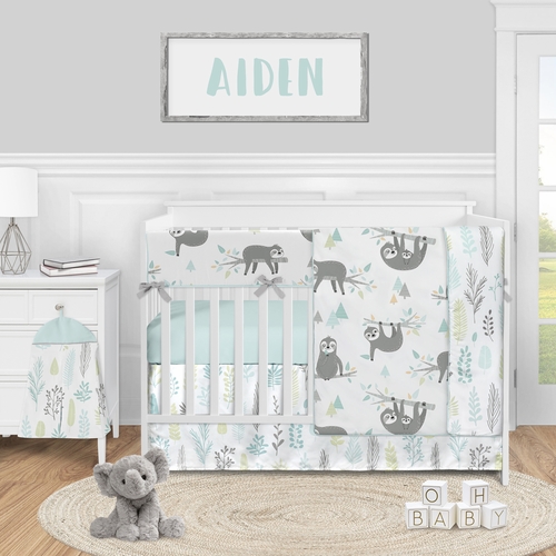 Sloth Aqua and Grey Collection 5 Piece Crib Bedding