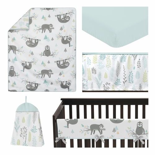 Sloth Aqua and Grey Collection 5 Piece Crib Bedding - alt image 1