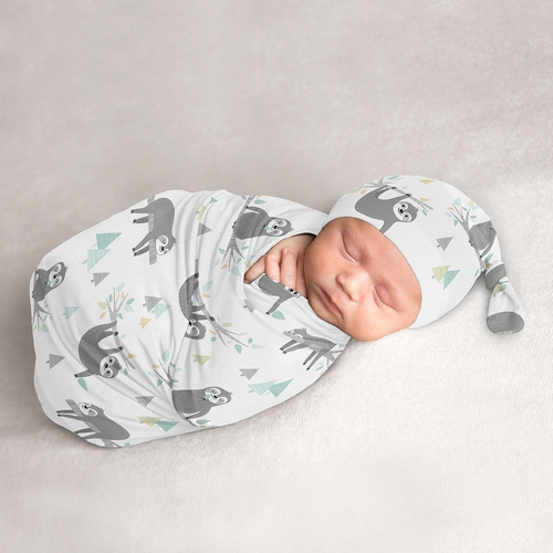 Sloth Aqua and Grey Collection Baby Cocoon and Beanie Hat - 2 Piece Set