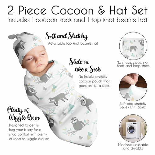 Sloth Aqua and Grey Collection Baby Cocoon and Beanie Hat - 2 Piece Set - alt image 5