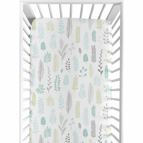 Sloth Aqua and Grey Collection Crib Sheet - Leaf Print