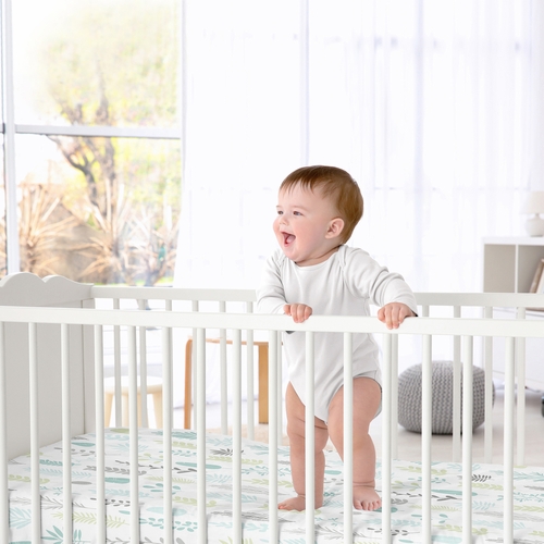 Sloth Aqua and Grey Collection Crib Sheet - Leaf Print - alt image 1