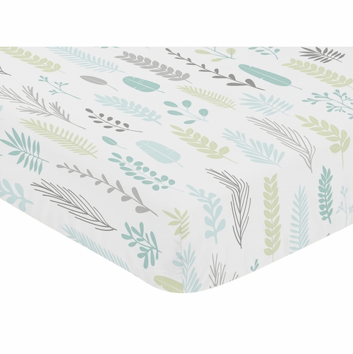 Sloth Aqua and Grey Collection Crib Sheet - Leaf Print - alt image 2