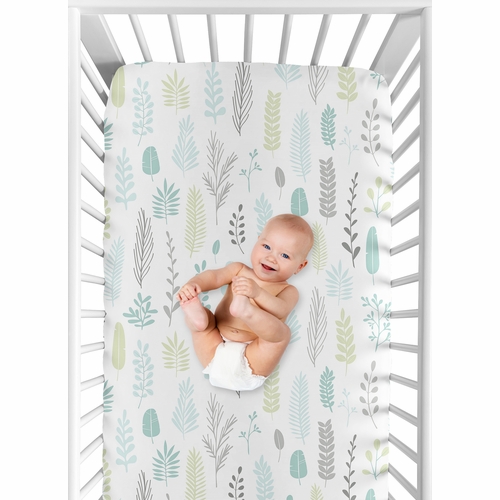 Sloth Aqua and Grey Collection Crib Sheet - Leaf Print - alt image 3