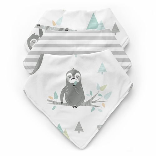 Sloth Aqua and Grey Collection Fabric Bandana Baby Bibs - 3 Pack Set