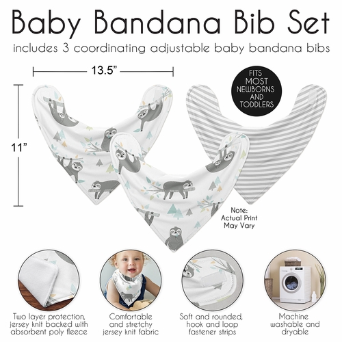Sloth Aqua and Grey Collection Fabric Bandana Baby Bibs - 3 Pack Set - alt image 2