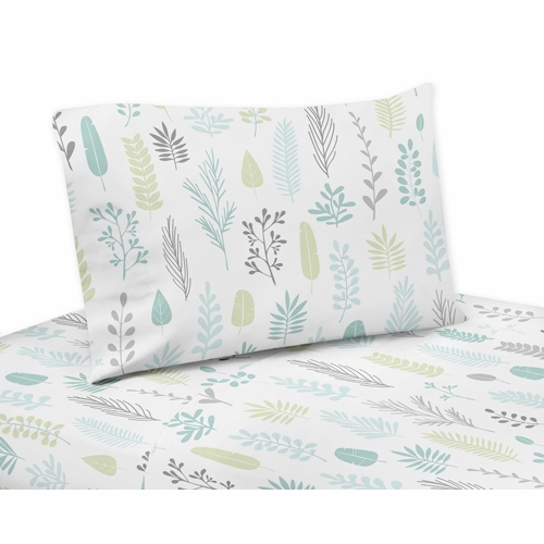 Sloth Aqua and Grey Collection Leaf Print Queen Sheet Set