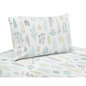Sloth Aqua and Grey Collection Leaf Print Queen Sheet Set