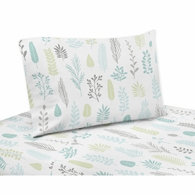 Sloth Aqua and Grey Collection Leaf Print Twin Sheet Set