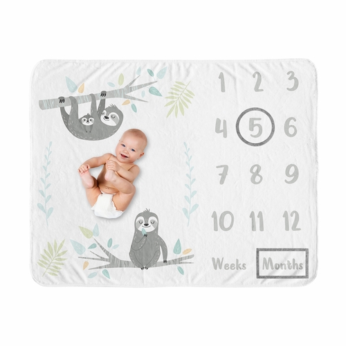 Sloth Aqua And Grey Collection Monthly Milestone Baby Blanket