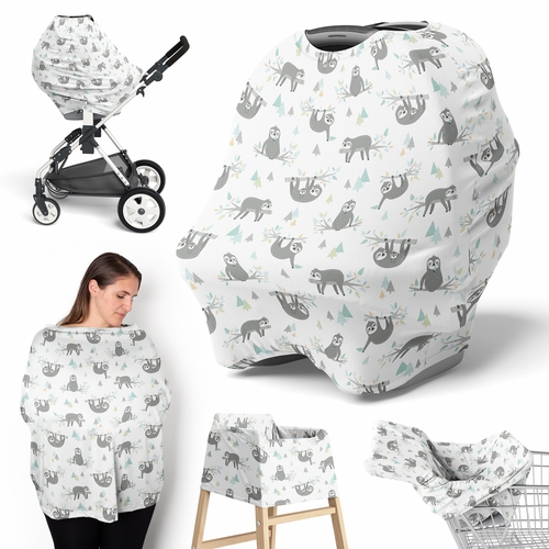 Sloth Aqua and Grey Collection Multi Use Baby Car Seat and Nursing Cover