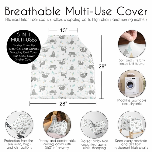 Sloth Aqua and Grey Collection Multi Use Baby Car Seat and Nursing Cover - alt image 5