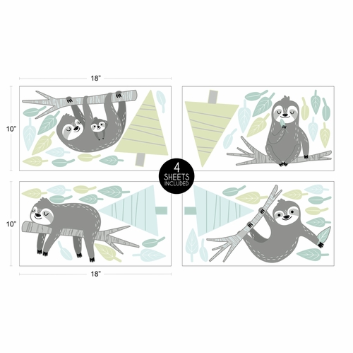 Sloth Aqua And Grey Collection Peel and Stick Wall Decal Stickers - Set of 4 Sheets - alt image 3
