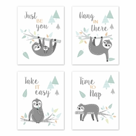 Sloth Aqua and Grey Collection Wall Art Prints - Set of 4