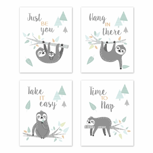 Sloth Aqua and Grey Collection Wall Art Prints - Set of 4