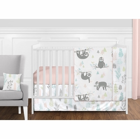 Sloth Pink and Grey Collection 11 Piece Bumperless Crib Bedding
