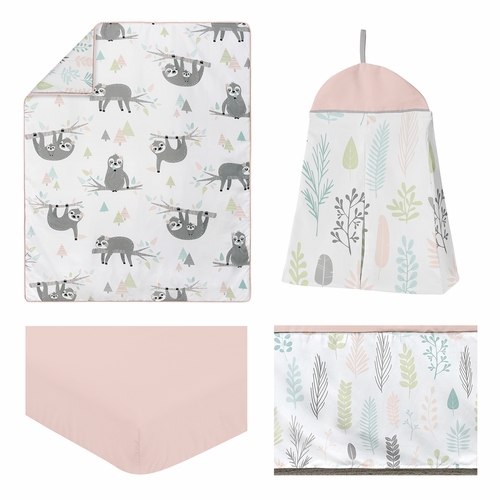 Sloth Pink and Grey Collection 4 Piece Bumperless Crib Bedding - alt image 1