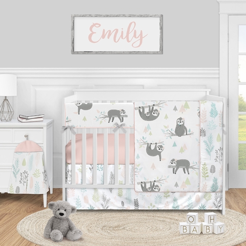 Sloth Pink and Grey Collection 5 Piece Crib Bedding
