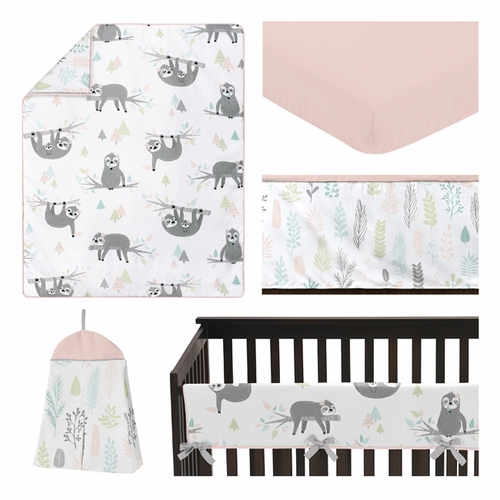 Sloth Pink and Grey Collection 5 Piece Crib Bedding - alt image 1