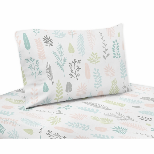 Sloth Pink and Grey Collection Leaf Print Twin Sheet Set