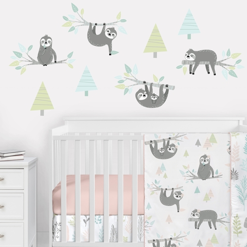 Sloth Pink And Grey Collection Peel and Stick Wall Decal Stickers - Set of 4 Sheets