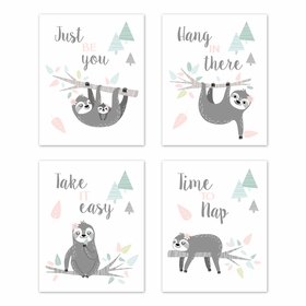 Sloth Pink and Grey Collection Wall Art Prints - Set of 4