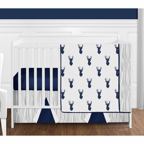 Stag Navy and White 4 Piece Bumperless Crib Bedding Collection