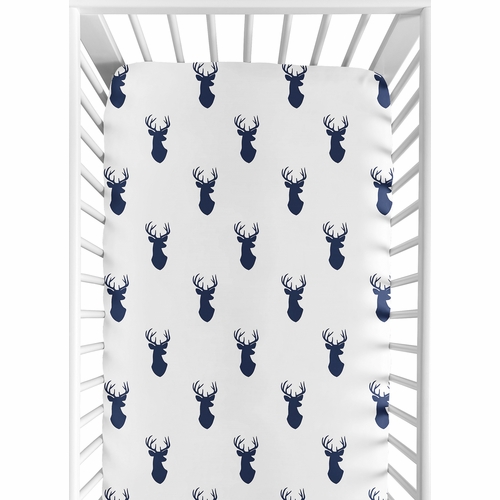 Stag Navy and White Collection Crib Sheet - Deer Print
