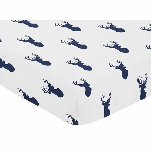 Stag Navy and White Collection Crib Sheet - Deer Print - alt image 2