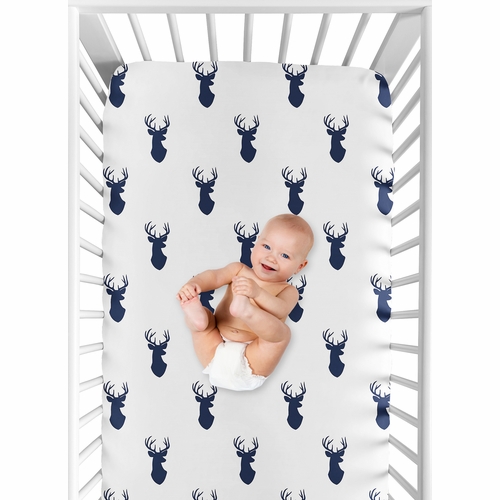 Stag Navy and White Collection Crib Sheet - Deer Print - alt image 3