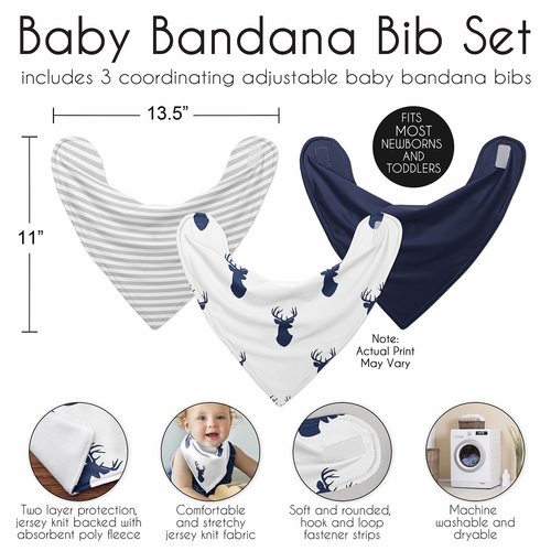 Stag Navy and White Collection Fabric Bandana Baby Bibs - 3 Pack Set - alt image 2