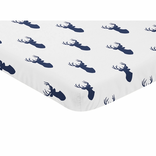 Stag Navy and White Collection Mini Crib Sheet - Deer Print