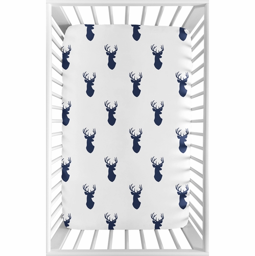 Stag Navy and White Collection Mini Crib Sheet - Deer Print - alt image 1