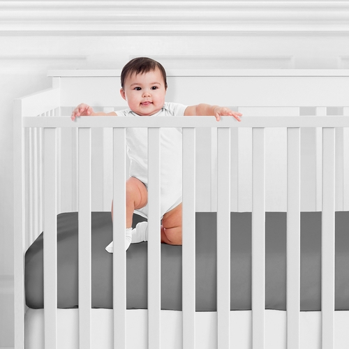 Stripe Gray and Orange Collection Crib Sheet - Solid Gray - alt image 1