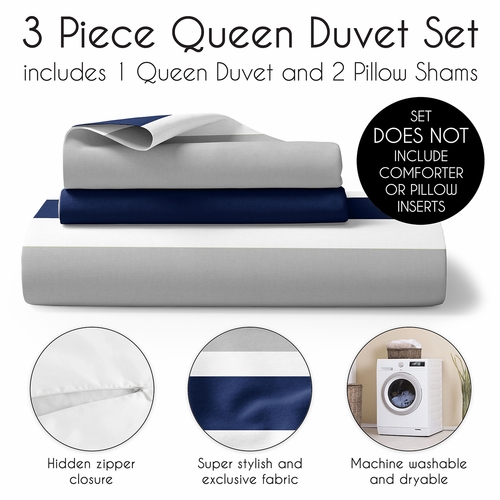 Stripe Navy and Gray Collection Queen Duvet Cover Bedding Set - alt image 2
