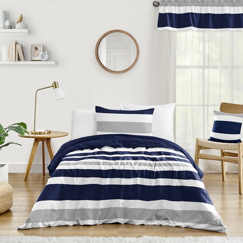 Stripe Navy and Gray Collection Twin Duvet Cover Bedding Set