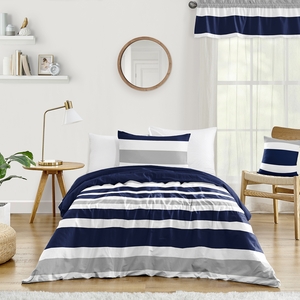 Stripe Navy and Gray Collection Twin Duvet Cover Bedding Set