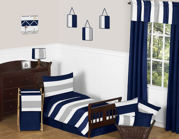 Stripe Navy and Gray Toddler Bedding Collection