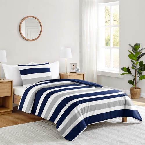Stripe Navy and Gray Twin Bedding Collection - alt image 1