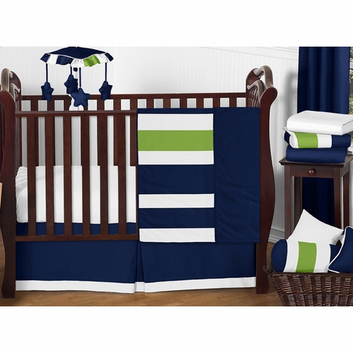 Stripe Navy and Lime 11 Piece Bumperless Crib Bedding Collection