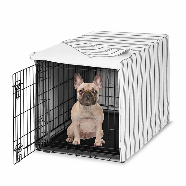 View of Stripe White and Grey Collection Dog Crate Kennel Cover 30in.