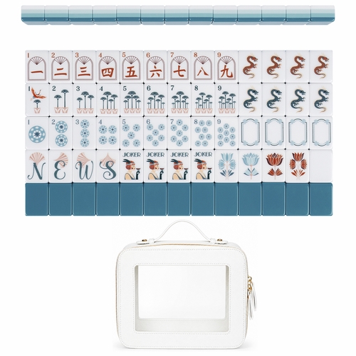 Teal Art Deco Collection American Mahjong Tile Set (160pc) 1.24in. Layered Acrylic with White Faux Leather Travel Bag