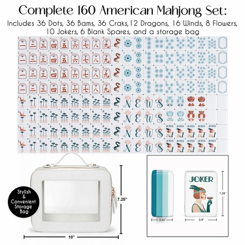 Teal Art Deco Collection American Mahjong Tile Set (160pc) 1.24in. Layered Acrylic with White Faux Leather Travel Bag - alt image 1