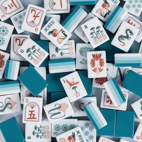 Teal Art Deco Collection American Mahjong Tile Set (160pc) 1.24in. Layered Acrylic with White Faux Leather Travel Bag - alt image 2