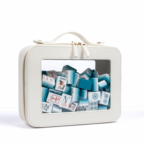 Teal Art Deco Collection American Mahjong Tile Set (160pc) 1.24in. Layered Acrylic with White Faux Leather Travel Bag - alt image 5